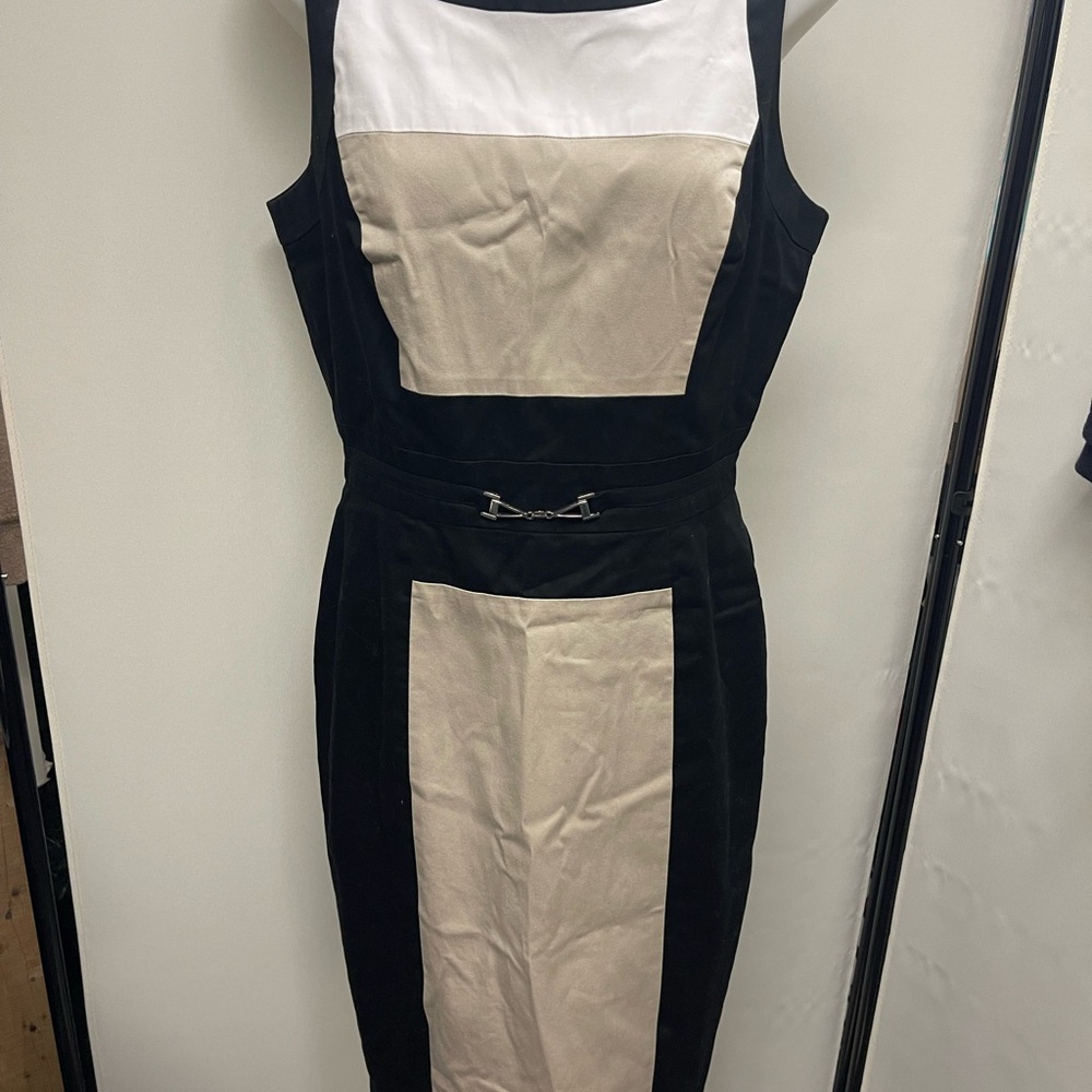White House Black Market Black and Cream Sheath Dress Sleeveless Square Neck